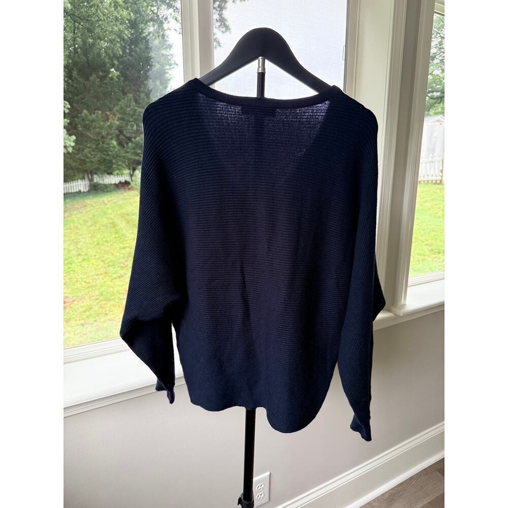 Navy Rib Knit V Neck Sweater Snap Button Sleeve Catherine Malandrino Small - Picture 6 of 6